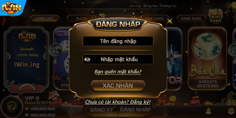 Biểu mẫu trang chủ đăng nhập vào tài khoản IWIN chính thức