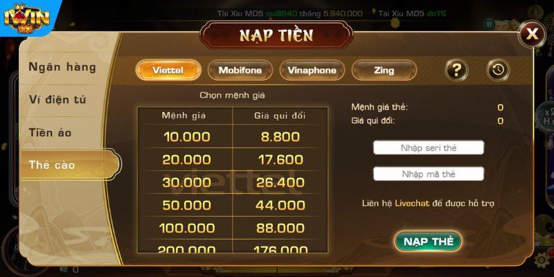 Nạp tiền vào IWIN bằng thẻ cào